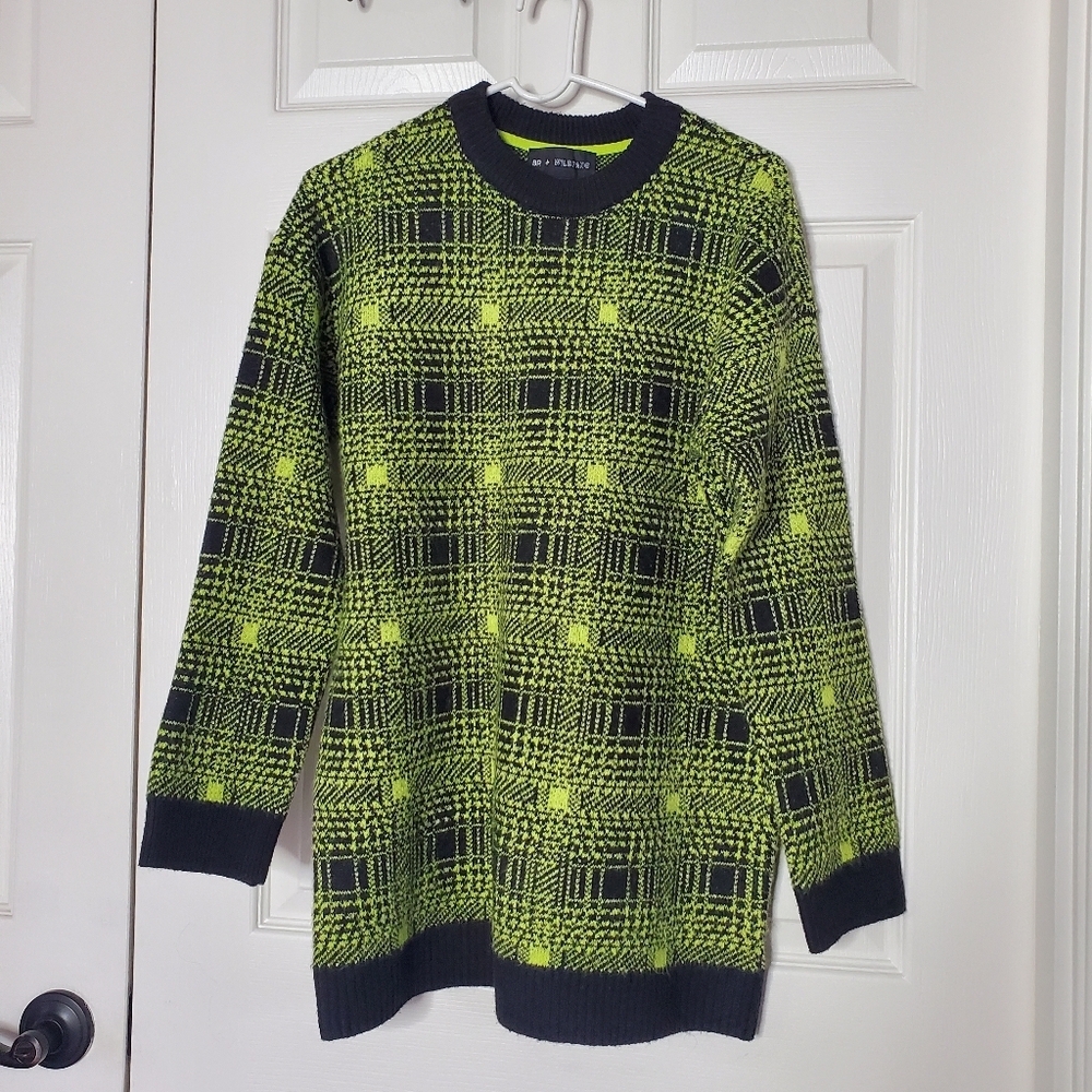 BP. + Wildfang Crewneck Sweater Black Green Laura Ombre Plaid Pullover Size XXS